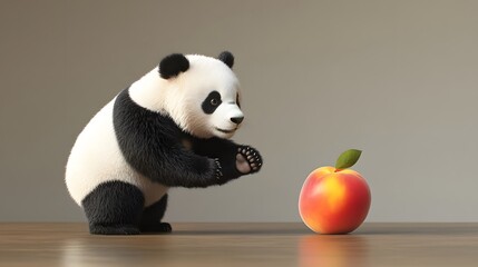 Poster - A back-angle view of a panda reaching toward a peach slice, its fluffy ears and tail visible, plain background, 4K resolution