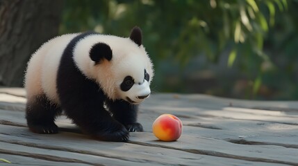 Poster - A back-angle view of a panda reaching toward a peach slice, its fluffy ears and tail visible, plain background, 4K resolution