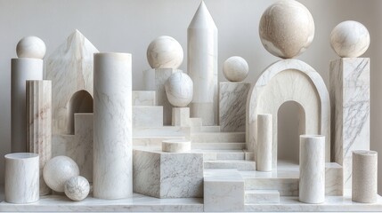 A set of white geometric pedestals, including cylinders and pyramids, arranged neatly on a white background.