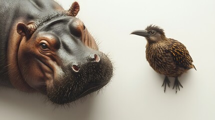 Poster - A top-down view of a pygmy hippopotamus and a kiwi, its snout leaning forward, plain background, 4K resolution