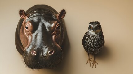 Poster - A top-down view of a pygmy hippopotamus and a kiwi, its snout leaning forward, plain background, 4K resolution