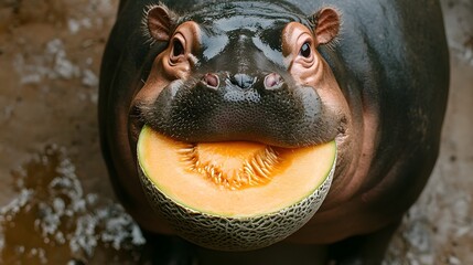 Poster - A top-down view of a pygmy hippopotamus inspecting a slice of cantaloupe, plain background, 4K resolution