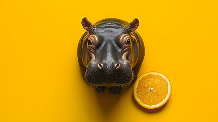 Poster - A top-down view of a pygmy hippopotamus sitting by an orange slice, its eyes focused, plain background, 4K resolution