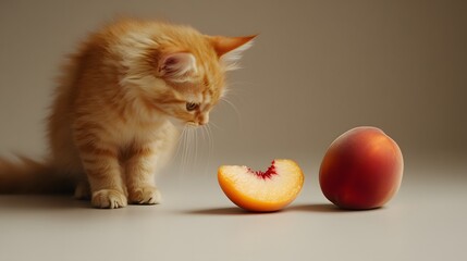 Poster - A back-angle view of a cat looking at a slice of peach, its tail flicking slightly, plain background, 4K resolution