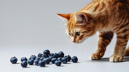 Poster - A back-angle view of a cat approaching a small pile of blueberries, its tail lifted in interest, plain background, 4K resolution