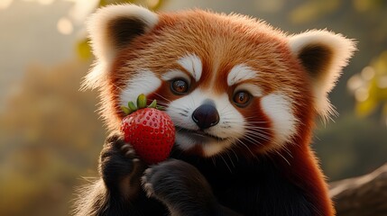 Poster - A close-up front view of a red panda nudging a strawberry with its nose, its small ears perked forward, plain background, 4K resolution