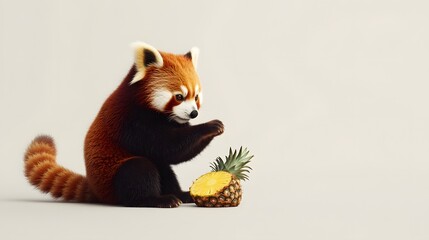 Poster - A wide side view of a red panda sitting near a slice of pineapple, its tail wrapped around its body, plain background, 4K resolution