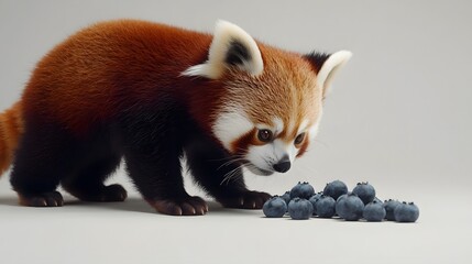 Poster - A back-angle view of a red panda approaching a small pile of blueberries, its tail swishing in interest, plain background, 4K resolution