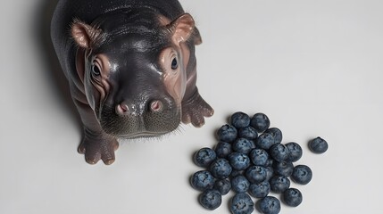 Poster - A top-down view of a baby pygmy hippopotamus sitting beside a handful of blueberries, its small nose twitching in curiosity, plain background, 4K resolution