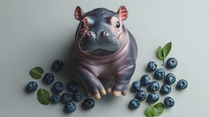 Poster - A top-down view of a baby pygmy hippopotamus sitting beside a handful of blueberries, its small nose twitching in curiosity, plain background, 4K resolution