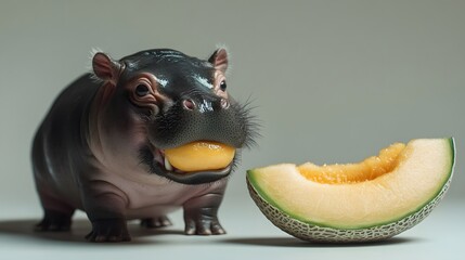 Poster - A front-angle view of a baby pygmy hippopotamus peering at a slice of cantaloupe, its mouth slightly open, plain background, 4K resolution