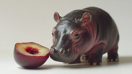 Poster - A low-angle shot of a baby pygmy hippopotamus approaching a slice of plum, its small round body in full view, plain background, 4K resolution