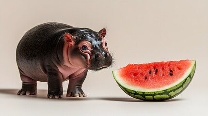 Poster - A back-angle view of a baby pygmy hippopotamus curiously approaching a watermelon slice, its tiny ears perked up, plain background, 4K resolution