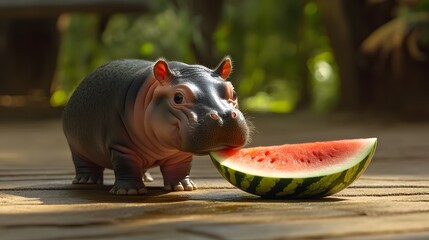 Poster - A back-angle view of a baby pygmy hippopotamus curiously approaching a watermelon slice, its tiny ears perked up, plain background, 4K resolution
