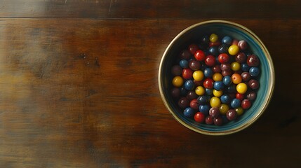 Poster - A top-down view of a ceramic bowl filled with a colorful assortment of berries, resting on a wooden table, plain background, 4K resolution