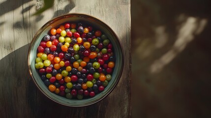 Poster - A top-down view of a ceramic bowl filled with a colorful assortment of berries, resting on a wooden table, plain background, 4K resolution