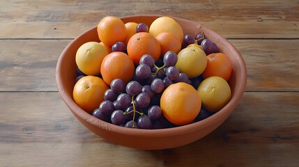 Poster - A high-angle view of a clay bowl overflowing with grapes and oranges, set in the center of a wooden table, plain background, 4K resolution