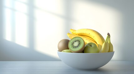 Poster - A wide-angle view of a bowl filled with apple slices, bananas, and kiwis, arranged neatly on a clean table, plain background, 4K resolution
