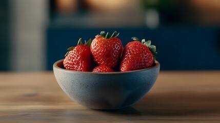 Poster - A close-up of a small bowl filled with fresh strawberries, the vibrant red contrasting with the wooden table beneath, plain background, 4K resolution