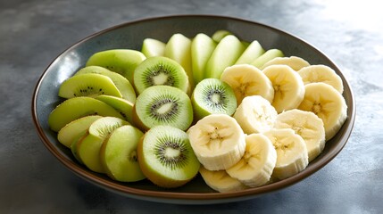Poster - A wide-angle view of a bowl filled with apple slices, bananas, and kiwis, arranged neatly on a clean table, plain background, 4K resolution