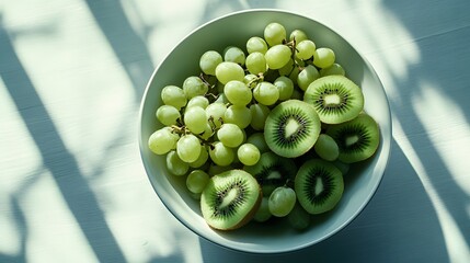Poster - A top-down view of a bowl overflowing with grapes and kiwi slices, resting on a minimalist table, plain background, 4K resolution