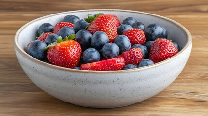 Poster - A close-up view of a shallow bowl filled with juicy strawberries and blueberries, resting on a wooden table, plain background, 4K resolution