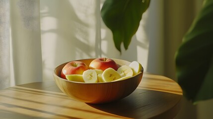 Poster - A side-angle shot of a bowl of apple and banana slices, placed carefully on a polished table, plain background, 4K resolution