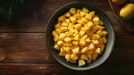 Poster - A top-down view of a large bowl filled with pineapple chunks and mango pieces, beautifully presented on a wooden table, plain background, 4K resolution