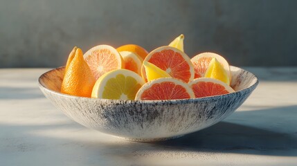 Poster - A wide-angle shot of a ceramic bowl filled with assorted citrus wedges, on a smooth table, plain background, 4K resolution