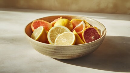 Poster - A wide-angle shot of a ceramic bowl filled with assorted citrus wedges, on a smooth table, plain background, 4K resolution