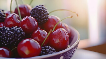 Poster - A close-up view of a bowl with ripe cherries and blackberries, their vibrant colors popping against the table, plain background, 4K resolution