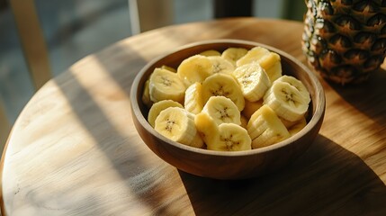 Poster - A high-angle shot of a bowl with pineapple and banana slices, on a round wooden table, plain background, 4K resolution
