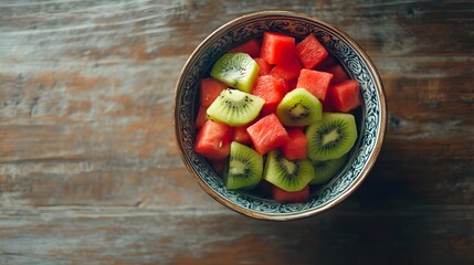 Poster - A high-angle shot of a decorative bowl with watermelon cubes and kiwi slices, placed neatly on a rustic table, plain background, 4K resolution