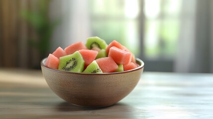 Poster - A high-angle shot of a decorative bowl with watermelon cubes and kiwi slices, placed neatly on a rustic table, plain background, 4K resolution