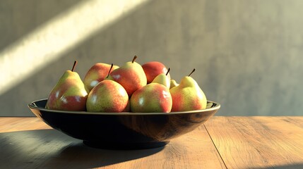 Poster - A wide-angle view of a ceramic bowl filled with fresh apples and pears, on a polished wooden table, plain background, 4K resolution