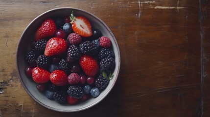 Poster - A top-down shot of a bowl with assorted mixed berries, on a clean wooden table, plain background, 4K resolution
