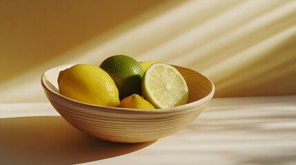 Poster - A close-up view of a bowl with slices of lime and lemon, arranged artistically on the table, plain background, 4K resolution