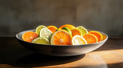 Poster - A wide-angle shot of a bowl overflowing with citrus slices, on a polished table, plain background, 4K resolution