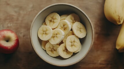 Poster - A top-down view of a bowl with bananas and apple slices, positioned perfectly on a smooth table, plain background, 4K resolution