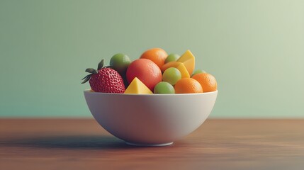 Poster - A close-up, side-angle shot of a bowl filled with mixed tropical fruits, resting on a wooden table, plain background, 4K resolution