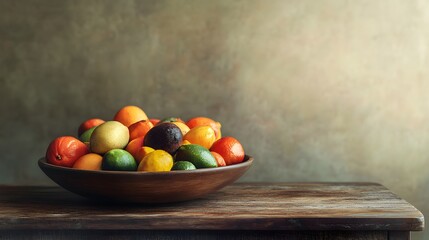 Poster - A close-up, side-angle shot of a bowl filled with mixed tropical fruits, resting on a wooden table, plain background, 4K resolution