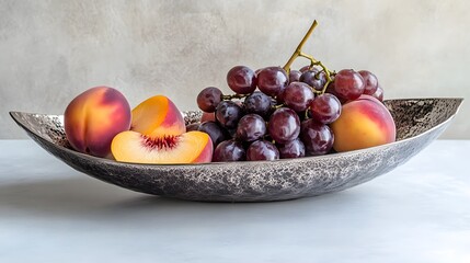 Poster - A high-angle shot of a decorative bowl with grape and peach slices, arranged on a clean table, plain background, 4K resolution