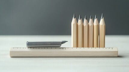 Poster - A front-angle view of a wooden ruler, sketch pencils, and a sharpener, artfully arranged on a clean table, plain background, 4K resolution