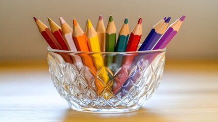 Poster - A close-up of a set of colored pencils arranged in a glass cup, resting neatly on a table, plain background, 4K resolution