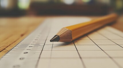 Poster - A close-up, side-angle shot of a mechanical pencil and ruler resting side by side on a minimalist table, plain background, 4K resolution