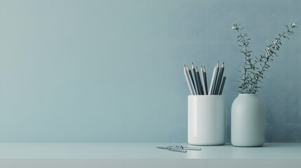 Poster - A side-angle view of a pencil holder with pens and scissors, arranged on a modern table, plain background, 4K resolution
