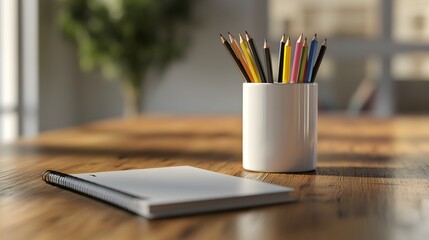 Poster - A front-angle view of a cup of pens and pencils, accompanied by a small notebook on a polished table, plain background, 4K resolution
