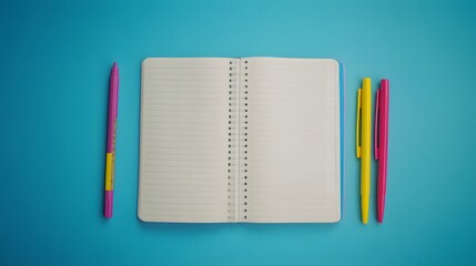 Poster - A wide-angle shot of an open notebook with a ruler and colored pens placed neatly, plain background, 4K resolution