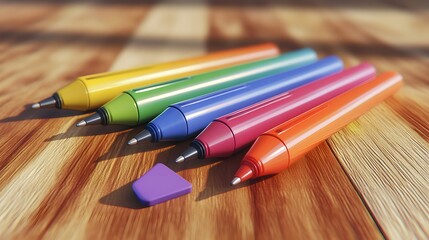 Poster - A front-angle close-up of a set of colored pens and an eraser, on a clean wooden table, plain background, 4K resolution