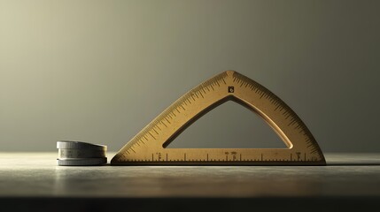 Poster - A side-angle view of a protractor, ruler, and sharpener, neatly aligned on a smooth surface, plain background, 4K resolution